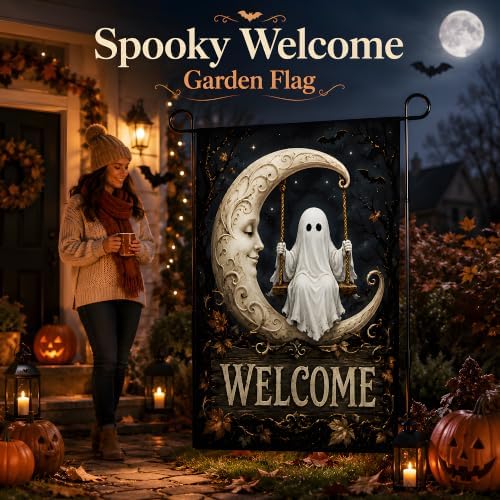 Halloween Decorations - Ghost Swinging on Moon Welcome Garden Flag - Image 5