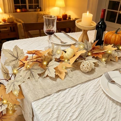 2 Pack Fall Garland Maple Leaf with Lights Fall Decor, 6Ft/Piece Fake Leaves Pumpkin Berry Vine Autumn Foliage Garland for Mantle Fireplace Halloween Thanksgiving Decorations Christmas Home Decor - Image 2