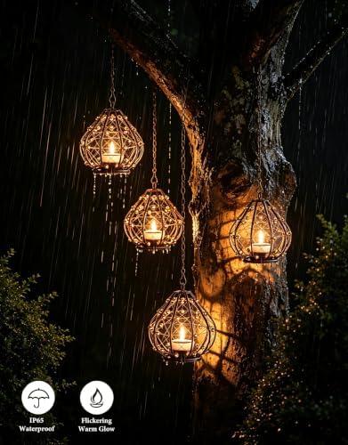 Outdoor Solar Hanging Lantern, 4 Pack Hand Woven Copper Wire Teardrop Candle Holders with Solar Tea Lights, IP65 Waterproof Chandelier for Gazebo, Tree, Pergola, Patio Garden Decor - Image 5