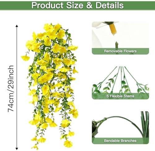 Artificial Flowers for Outdoors Fake Morning Glory Hanging Flower Decoration, 4 Pcs Realistic Faux Plants Petunias Trailing Vines, Spring Summer Decor for Porch Patio Balcony Planter Yard(Yellow) - Image 2