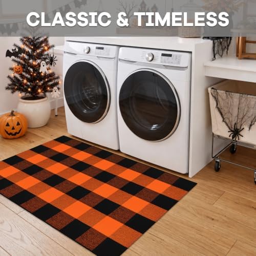 IOHOUZE Fall Buffalo Plaid Door Mat 27.5x43, Washable, Black Orange - Image 4
