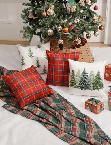 TOYPOPOR Christmas Decorations, Double Sided Plaid Throw Pillow Covers 20x20 Inches Set of 4, Christmas Tree, Snowflakes, Merry Christmas, Snowman Reindeer Winter Holiday Pillowcase for Sofa Couch - Image 4