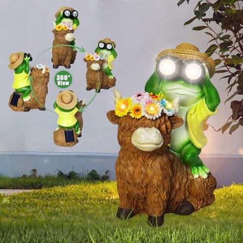 EDOF Solar Garden Lights Frog Sitting on Highland Cow Statue Flower Decor - Image 5