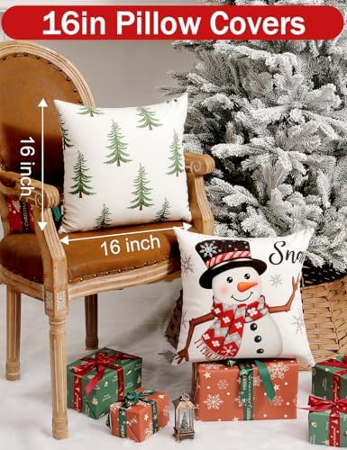 TOYPOPOR Christmas Decorations, Double Sided Plaid Throw Pillow Covers 16x16 Inches Set of 4, Christmas Tree, Snowflakes, Merry Christmas, Snowman Reindeer Winter Holiday Pillowcase for Sofa Couch - Image 5