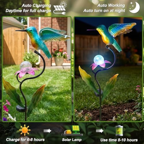 HONGLAND 46 Inch Solar Hummingbird Lights, Solar Garden Decor with Cracked Glass Ball, Hummingbird Decorative Garden Stakes Outdoor Waterproof for Lawn Patio Yard Porch, Gifts for Mom - Image 4