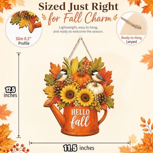 Fall Door Wreath, Wooden Hello Fall Sign, Pumpkin Welcome Sign for Door - Image 2