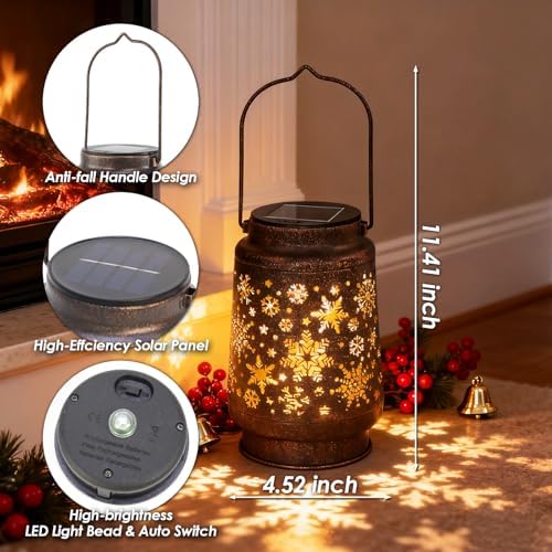 Outdoor Solar Lanterns Waterproof, Metal Hanging Solar Lights Snow Garden Decor Birthday Gifts for Women Mom Grandma for Patio Backyard Yard Pathway Porch - Image 4