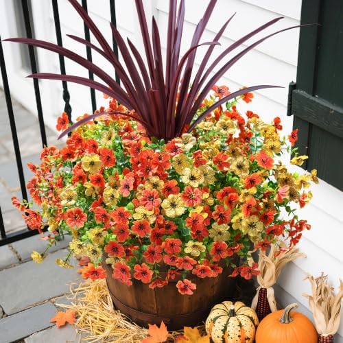 Fall Flowers Artificial Mums for Outdoors Autumn Decor, 12 Bundles Fake Fall Mums with 1 pcs Burgundy Orchid Leaf UV Resistant Realistic Faux Plants for Outside Home Porch Patio Planter, Orange Yellow - Image 4
