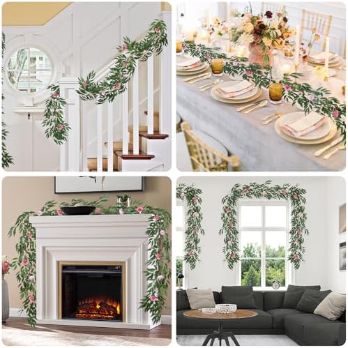 RECUTMS Artificial Hanging Silk Willow Leaves Vine Twig Whit Rose 2Pc 5.7Ft - Image 3