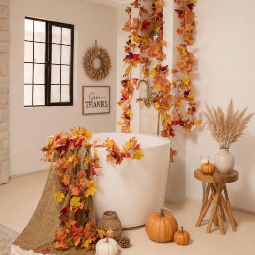 CQURE 8 Pack Fall Leaf Garland, Total 47.2Ft Artificial Fall Maple Leaves Autumn Vines Garland Thanksgiving Decor for Home Fireplace Party - Image 5