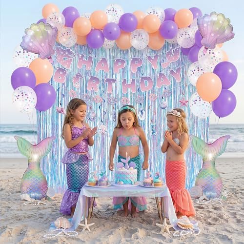 JOYIN Mermaid Princess Birthday Party Decoration Set, 76PCS Under the Sea Party Supplies with Banner, Foil Latex Balloons, Spiral Swirls and Tinsel Curtains for Girls, Kids Birthday Party Supplies - Image 6