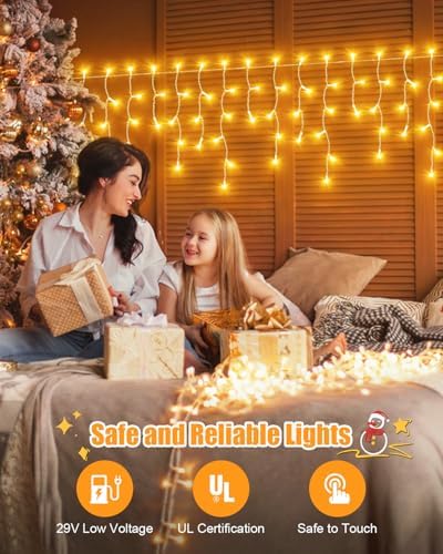 106 FT Christmas Lights Outdoor, 972 LED Waterproof Outside Christmas Lights Plug in, Connectable 8 Modes Hanging Fairy Lights with 216 Drops for House Eaves Yard Patio Wedding Decoration, Warm White - Image 6