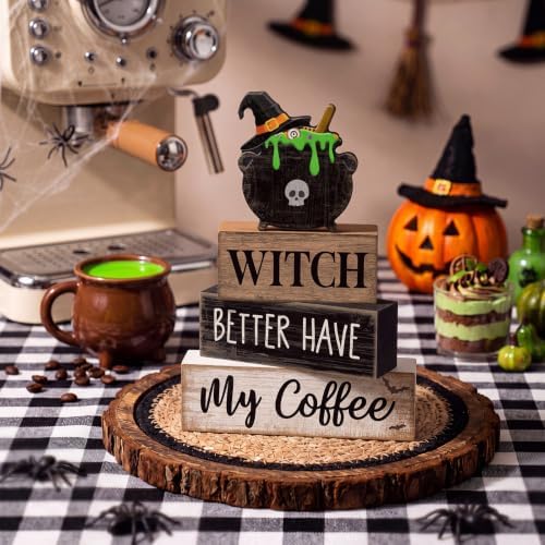 Lineshading 4 Pcs Halloween Coffee Table Decor Witch Cauldron Wooden Signs - Image 2