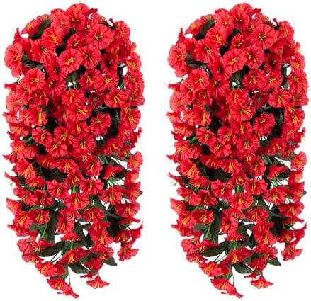 Artificial Fake Hanging Flowers Plants for Outdoor Outside Spring Summer Decoration, 2PCS Faux Silk Red Morning Glory UV Resistant Look Real Trailing Vines for Home Wedding Party Garden Patio Porch - Image 6