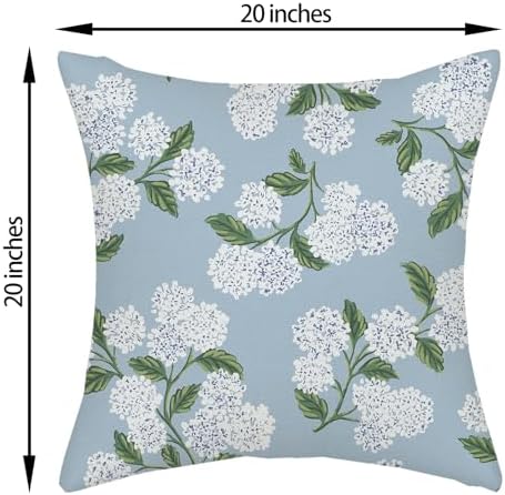 Light Blue Pillow Covers 20x20 Inch 2 Pcs Blue Green Hydrangea Flower Decor Throw Pillows Vintage Floral Seasonal Spring Summer Outdoor Decoration Pillowcase Linen Cushion Cover for Couch Sofa - Image 6