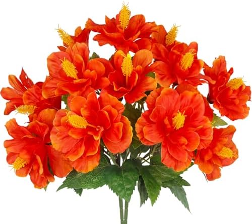 2 Pcs Artificial Outdoor Flowers Realistic Silk Fake Hibiscus Tropical Flowers Summer Fall Decoration UV Resistant Faux Plants for Outdoors Planters Outside Porch Patio Yard Garden Orange-Red by Unknown
