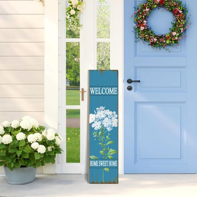 Hydrangea Welcome Wood Porch Sign 31.5inx7.8in Spring & Summer Blue Porch Sign, Summer Sring Decorations for Standing Hanging Home Front Door Yard Party Decor Indoor Outdoor Decor - Image 4