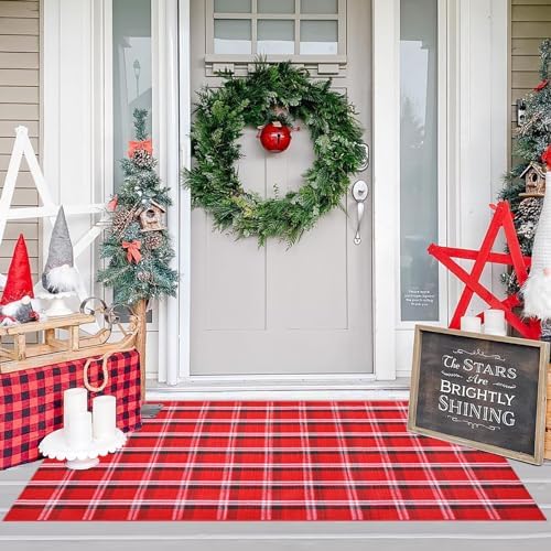 Ckorzen Red Green and White Plaid Rug,3' x 5' Christmas Front Porch Outdoor Rug, Handwoven Cotton Washable Rug for Layered Door Mats, Holiday Entryway and Home Décor - Image 3