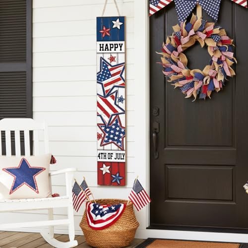 Threehoney 47" Large 4th of July Front Porch Sign Patriotic Wooden Vertical Door Sign with American Flag Colors Red White Blue Outdoor Decor for Independence Day 250th Anniversary Home Entryway - Image 5