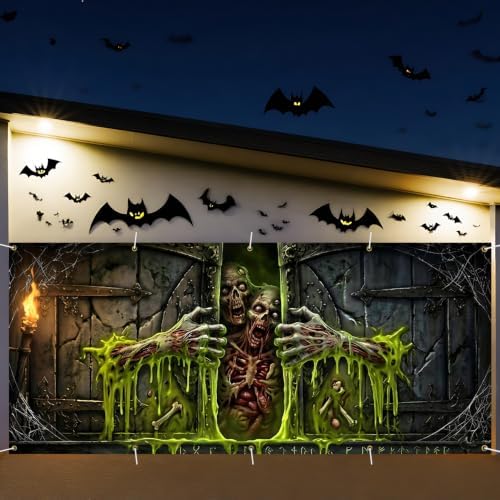 Slime Monster 7 x 16 ft Halloween Garage Door Decorations Halloween decorations Witch Door Cover, Hanging Banner, Cauldron Backdrop Mural for Home, Outdoor, Indoor, Spooky Party, Wall, Window by THISFIND
