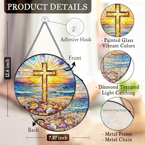Cross Coastal Stained Glass Window Hanging Suncatcher, Christian Beach Shells Sunset Sun Catcher Indoor Window Decor Gifts, Religious Painted Glass Round Wall Hanging Decorations 7.8x7.8 in - Image 7