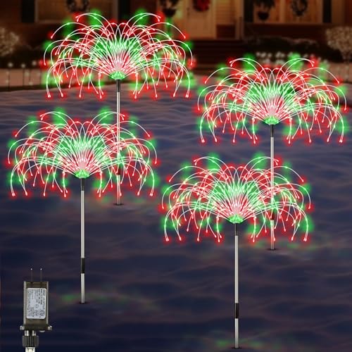 Enhon 4 Pack Plug in Christmas Pathway Firework Lights, 1440 LED Waterproof Xmas Garden Starburst Stake Lights with 8 Modes for Driveway Walkway Yard Lawn Patio Decorations(Red, Green) by Clickhere