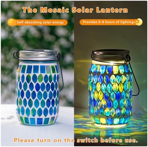 Starsoul Solar Lanterns Outdoor Waterproof, Decorative Teal Mosaic Glass Outdoor Lantern, Hanging Solar Garden Lights for Outside Pathway Patio Porch Yard Table, Gifts for Women Mom Grandma - Image 2