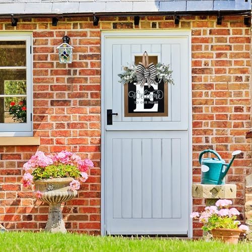 Last Name All Year Round Front Door Wreath with 26 Initial Letter Welcome Sign All Seasons Eucalyptus Garland and Bow ，Farmhouse, Porch, for Spring Summer Fall All Seasons Holiday Halloween Christmas.（E） - Image 3