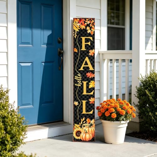 Farmhouse Autumn Wooden Welcome Sign Stand for Front Door, 47" Rustic Large Fall Welcome Porch Sign Wall Hanging for Thanksgiving, Vertical Tall Porch Leaner Decor for Outdoor Patio Garden by Homuvdok