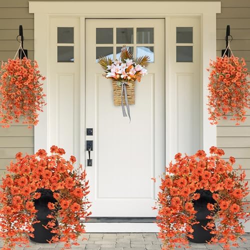 Artificial Fake Hanging Flowers Fall Plants for Outdoor Outside Autumn Decoration 2PCS Faux Silk UV Resistant Realistic with Eucalyptus for Home Thanksgiving Harvest Porch Patio Balcony(Fall Orange) - Image 2