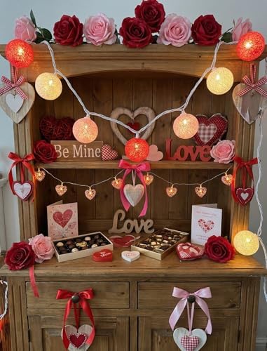 Red Pink and White Cotton Ball String Lights, 8.5Ft Valentine's Day Plug in Fairy Lights with 10 LED Colored Cotton Ball Bulbs, Hanging Globe Cozy Lighting for Girls Bedroom Party Birthday Home Decor - Image 4
