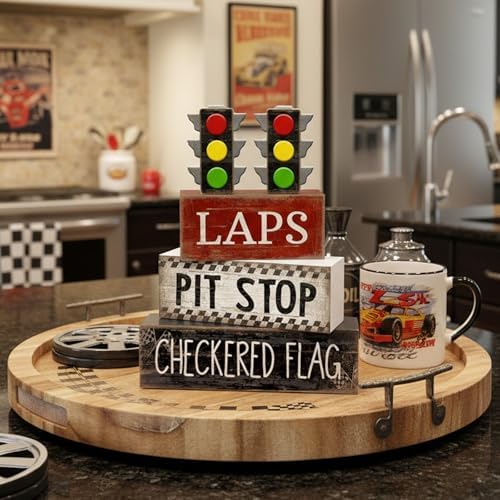 Lineshading 4 Pcs Race Car Wooden Tiered Tray Decor Tabletop Block Signs - Image 3