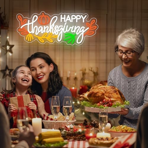 Large Happy Thanksgiving Neon Sign 22.04x9.05 Inch Fall Neon Sign with USB Powered Dimmable Thanksgiving Led Sign for Home Party Living Room Holiday Gift - Image 3