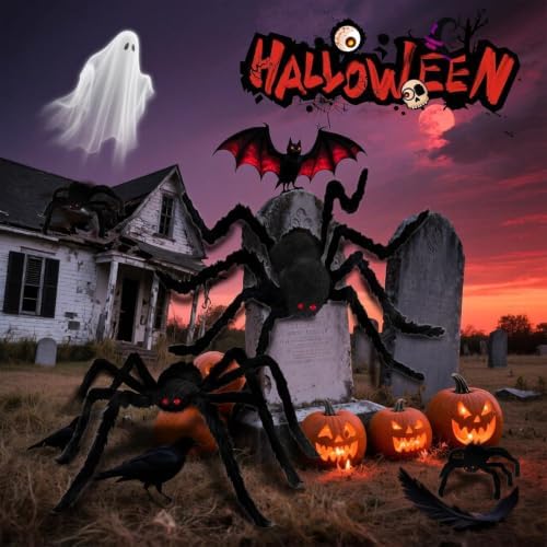 Giant Spider 2.46 Ft, 4 Packs Halloween Decorations Fake Halloween Decor Spiders Large, Furry Spiders for Outdoor Indoor Yard Home Costumes Party House Décor, 2.46Ft*2/0.98Ft*2 - Image 6