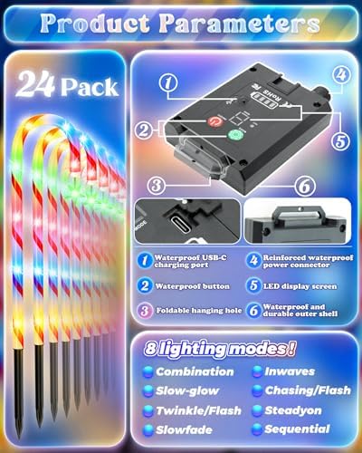 Anordsem Solar Christmas Decorations Outdoor: 21" Candy Cane Lights with Star 24 Pack - Waterproof LED 8 Colorful Lighting Models for Yard Pathway Xmas Decor - 2026 New Year Gifts for Homeowners - Image 2