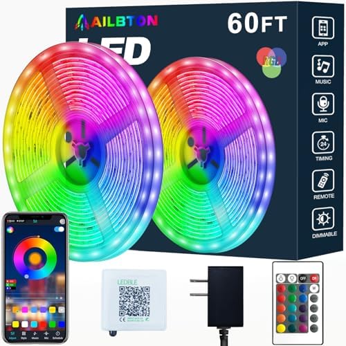 AILBTON Led Strip Lights,60ft Music Sync Color Changing, Built-in Mic,Bluetooth App Control LED Tape Lights with Remote,5050 RGB Rope Light Strips by AILBTON