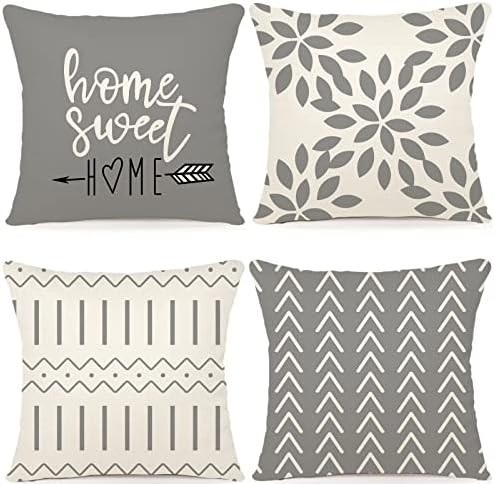 YCOLL Pillow Covers 16x16 Set of 4, Modern Sofa Throw Pillow Cover, Decorative Outdoor Linen Fabric Pillow Case for Couch Bed Car，Gray by PillowCoversExpert