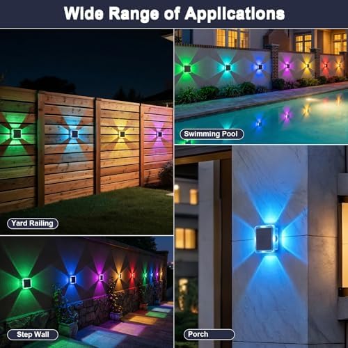 AUDLES Solar Fence Lights Outdoor, IP67 Waterproof 4-Sided Glow Solar Wall Lights, RGB 8 Modes Color Changing Solar Garden Light for Patio Pool Step Porch Yard-12 Pack - Image 4