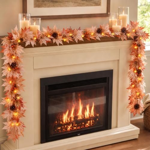 Fall Decorations for Home 9FT Fall Garlands with Lights Large Fall Maple Leaves with Berries and Pinecones Plug in 50 Warm Incandescent Bulbs for Indoor Outdoor Autumn Halloween Harvest Decorations by Meknow