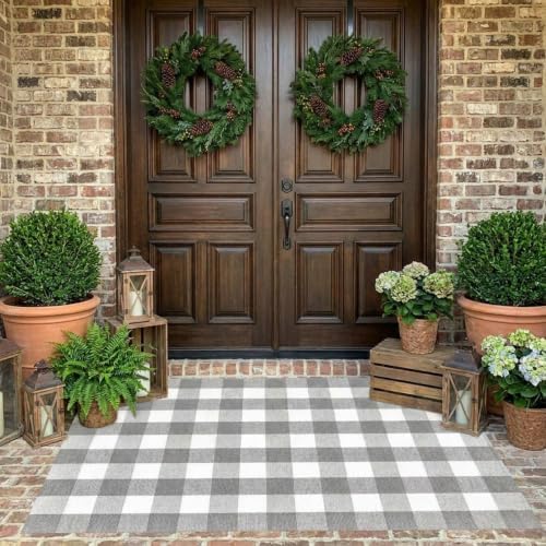 Buffalo Plaid Outdoor Rug 4x6 Ft Gray and White Checkered Area Rug Washable Indoor Outdoor Rugs for Entryway,Hallway, Kitchen, Living Room, Dining Room, Bedroom - Image 3