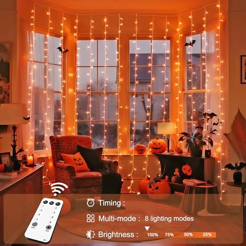 JMEXSUSS 300LED Orange Halloween Curtain Lights with Remote, 9.8x9.8ft - Image 4