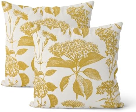 Mustard Yellow Pillow Covers 18x18 Inch 2 Pcs Boho Vintage Floral Decor Throw Pillows Hydrangea Flower Summer Outdoor Farmhouse Neutral Accent Decoration Pillowcase Linen Cushion Cover for Sofa by DAFENA