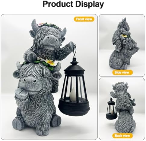 Solar Garden Outdoor Statues Lantern Figurines Light Decorations for Outdoor Patio Balcony Yard Lawn, Ideal Gifts for Mom Friends (Cement Gray- Cow) - Image 3