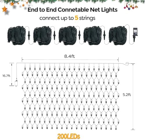 WBao Christmas Lights, 200LED 8.4ft x 5.2ft Net Lights Outdoor Mesh Light with 8 Modes, Timer, UL Certified, End to End Connectable, Waterproof for Lawn, Bushes Outdoor Christmas Decorations, Blue - Image 6