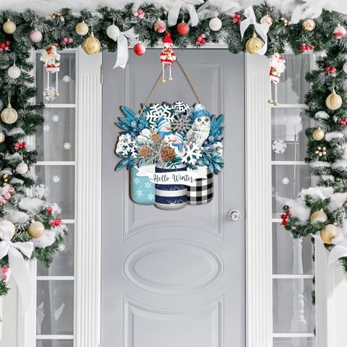 Spiareal Winter Welcome Sign Wood Blue White Hello Winter Front Door Decor - Image 4