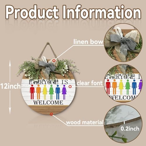 Gay Pride Rainbow Door Sign Everyone is Welcome Wooden Door Hanger LGBTQ Door Wreath with Bow for Lesbian Diversity Decorations Rainbow Yard Sign Decor for Indoor Outdoor 12 x 12 inch - Image 6