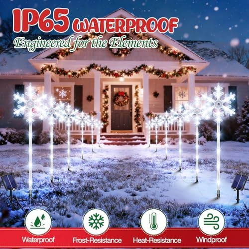 Solar Lights Outdoor Christmas Decorations 12 Pack - 192 LEDs Solar Christmas Snowflake Pathway Lights Outdoor with Remote & 8 Lighting Modes, Waterproof Xmas Lights for Garden Yard, Cool White - Image 4