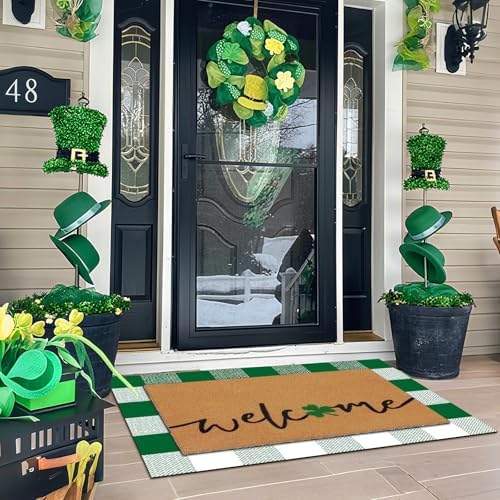 Drydiet Layered Welcome Door Mat with Clover, Green White Plaid Non Slip - Image 5