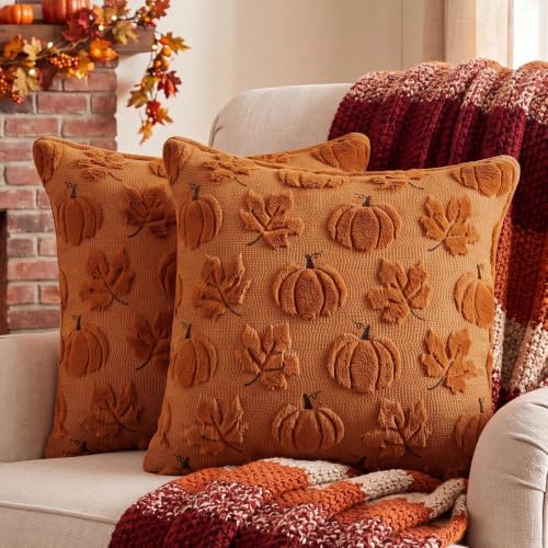 Fall Throw Pillow Covers 18x18 Set of 2 Double-Sided Maple Pumpkin Covers by Softalker