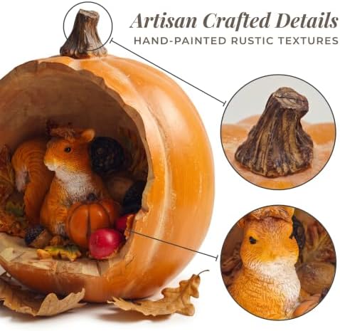 Fall Decor Squirrel Figurine in Pumpkin, Autumn Harvest Resin - Image 3